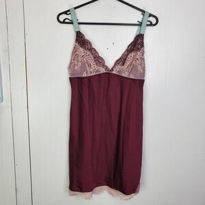 In Bloom Top Womens Small Lingerie Babydoll Slip Tan Lace Sexy Cami Burgundy Y2K